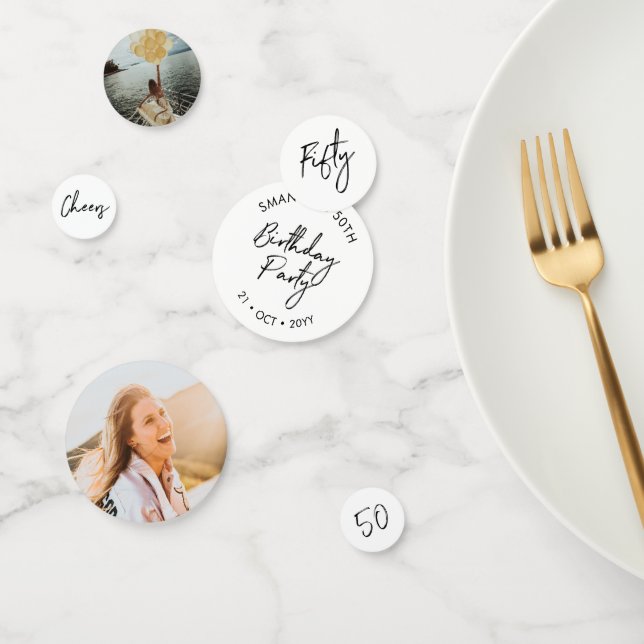 Fifty | Black & White Modern 50th Birthday Photo Confetti (Group)