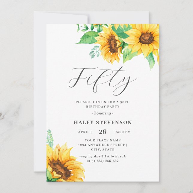 Fifty Chic Yellow Sunflower Floral 50th Birthday Invitation (Front)