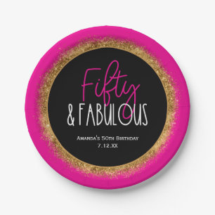 Fifty & Fabulous 50th Birthday w Custom Text Black Paper Plate