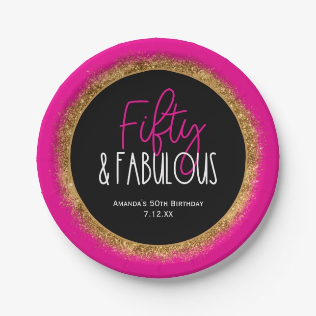 Fifty & Fabulous 50th Birthday w Custom Text Black Paper Plate (Front)