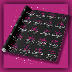 Fifty & Fabulous 50th Birthday w Custom Text Black Wrapping Paper