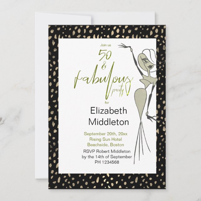 Fifty Fabulous 50th Black Gold Elegant Birthday Invitation (Front)