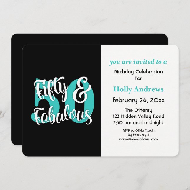 Fifty & Fabulous Aqua Typography Birthday Party Invitation (Front/Back)