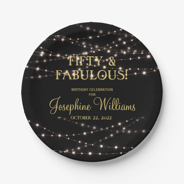 Fifty & Fabulous Birthday Black Gold  Paper Plate (Front)