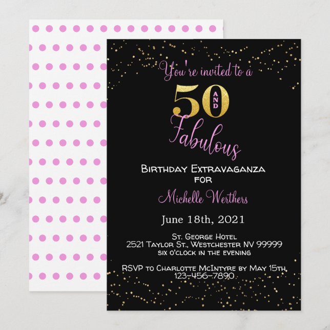 Fifty & Fabulous Birthday Black Pink Gold Glitter Invitation (Front/Back)