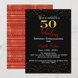 Fifty & Fabulous Birthday Black Red Gold Glitter Invitation
