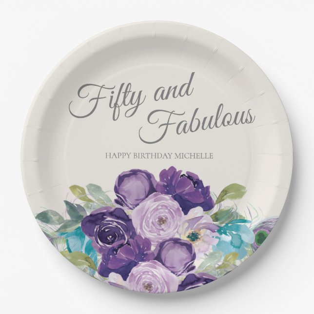 Fifty Fabulous Birthday Purple Blue Floral White Paper Plate (Front)