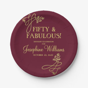 Fifty & Fabulous Birthday Red Gold Paper Plate