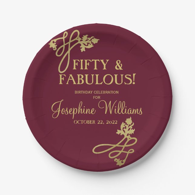 Fifty & Fabulous Birthday Red Gold Paper Plate (Front)