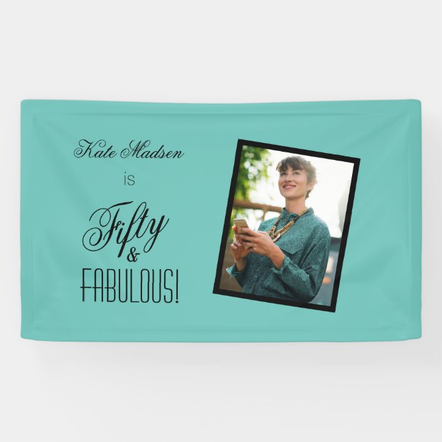 Fifty & FABULOUS! Birthday Teal & Black Photo Banner (Horizontal)