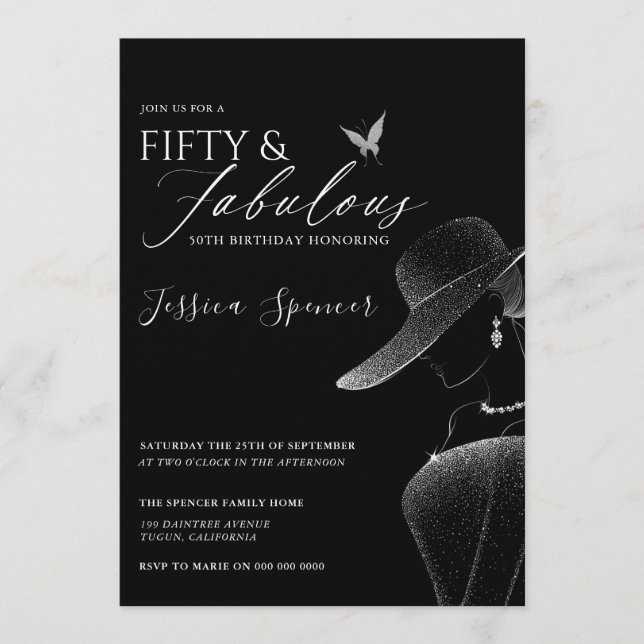 Fifty & Fabulous Black Glam 50th Birthday Invitation (Front)