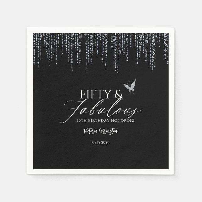 Fifty & Fabulous Black Glam 50th Birthday Napkin (Front)