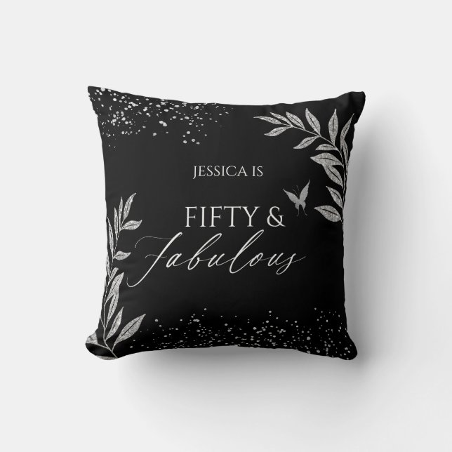 Fifty & Fabulous Black Glam 50th bithday Cushion (Front)