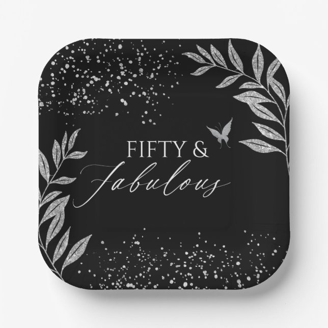 Fifty & Fabulous Black Glam 50th bithday Paper Plate (Front)