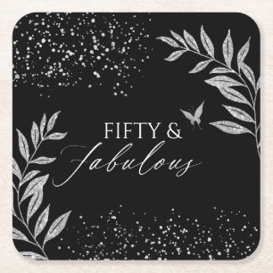 Fifty & Fabulous Black Glam 50th bithday Square Paper Coaster