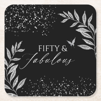 Fifty & Fabulous Black Glam 50th bithday Square Paper Coaster