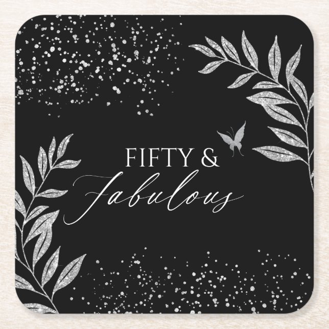 Fifty & Fabulous Black Glam 50th bithday Square Paper Coaster (Front)