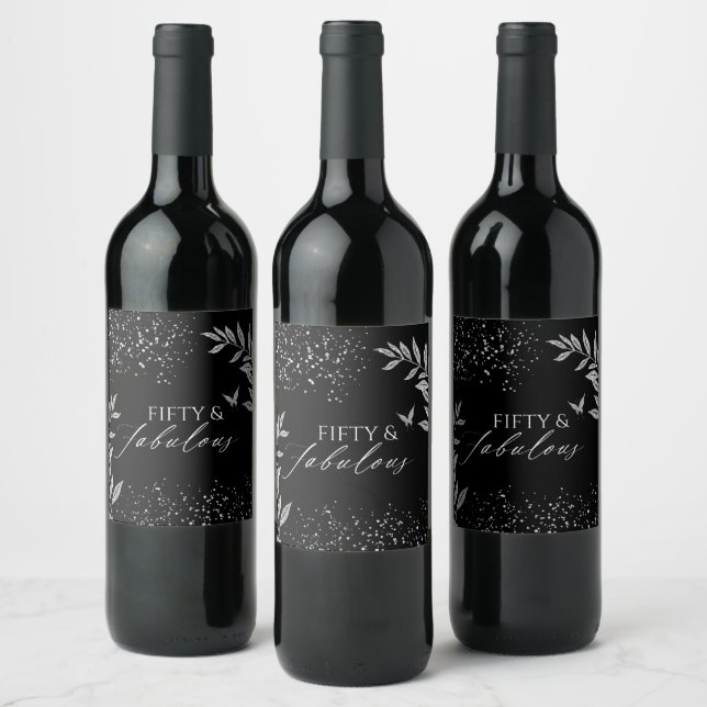Fifty & Fabulous Black Glam 50th bithday Wine Label (Bottles)