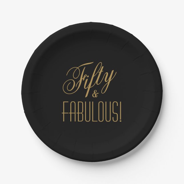 Fifty & FABULOUS! Black & Gold 50th Birthday Paper Plate (Front)