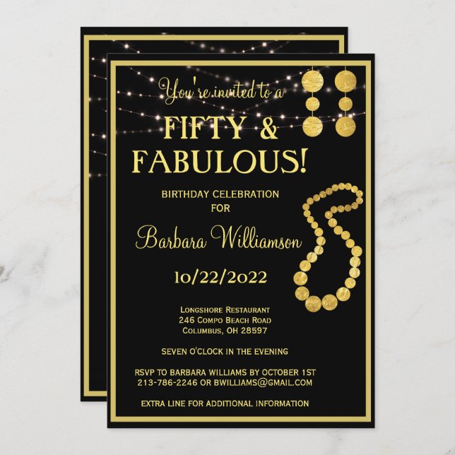Fifty & Fabulous Black Gold Birthday Party Invitation (Front/Back)