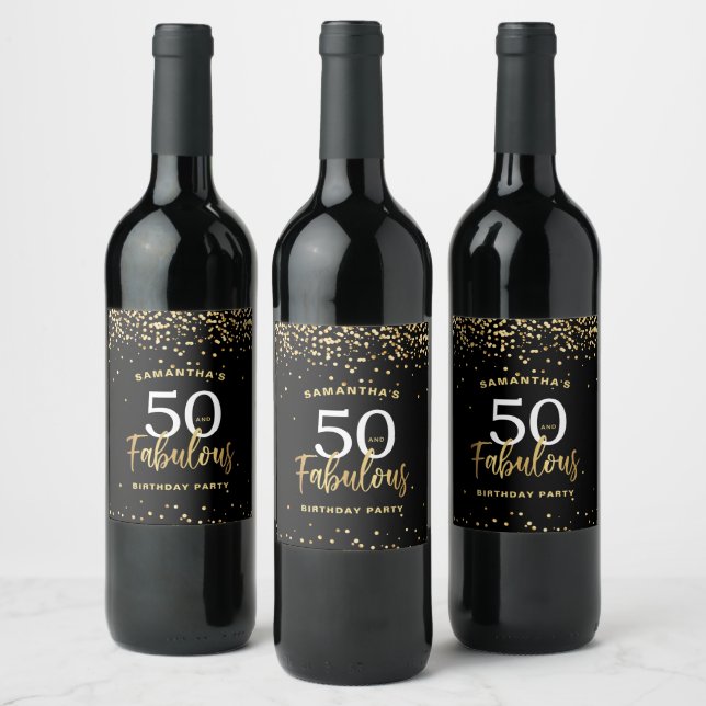 Fifty & Fabulous Black & Gold Birthday Wine Label (Bottles)