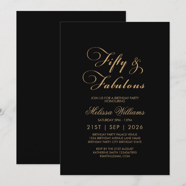 Fifty & Fabulous Black Gold Elegant Birthday Invitation (Front/Back)