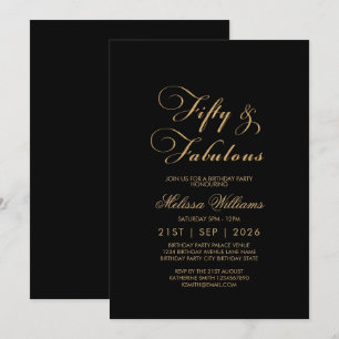 Fifty & Fabulous Black Gold Elegant Birthday Invitation