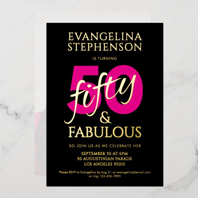 Fifty Fabulous Black Gold Pink Photo 50th Birthday (Front/Back)