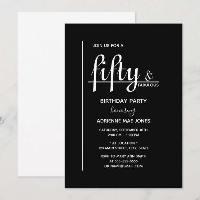 Fifty & FABULOUS Black White 50th Birthday Party Invitation (Front/Back)
