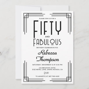 Fifty Fabulous Black White Art Deco 50th Birthday Invitation
