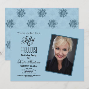 Fifty & FABULOUS Blue Floral Photo Birthday Party Invitation