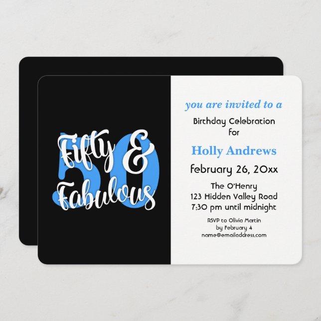 Fifty & Fabulous Blue Typography Birthday Party Invitation (Front/Back)