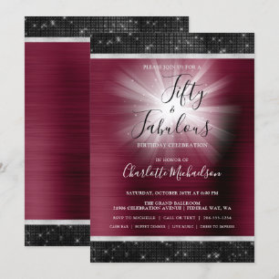 Fifty & Fabulous Burgundy Black Sparkle Glam Invitation