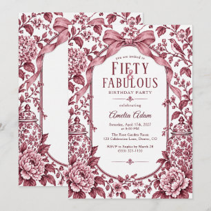 Fifty & Fabulous Burgundy Chinoiserie Birthday Invitation