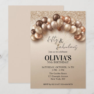 Fifty Fabulous Champagne Gold Balloons 50th Invite