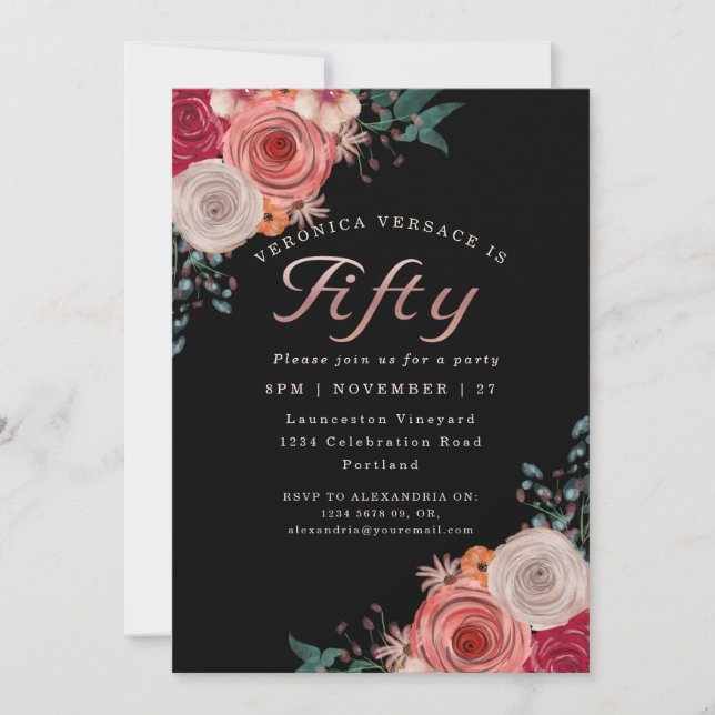 Fifty fabulous coral rose foil birthday party invitation (Front)