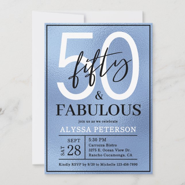 Fifty & Fabulous Dusty Blue Script 50th Birthday Invitation (Front)