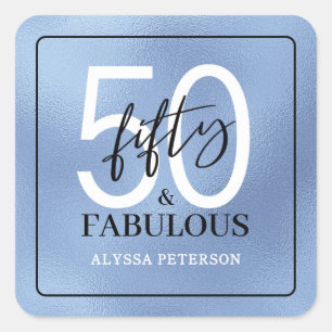 Fifty & Fabulous Dusty Blue Script 50th Birthday Square Sticker