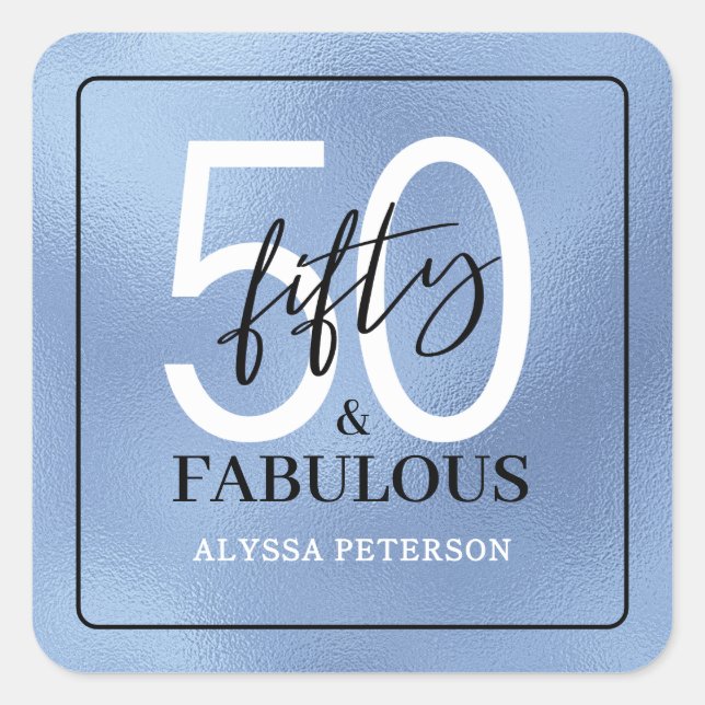 Fifty & Fabulous Dusty Blue Script 50th Birthday Square Sticker (Front)