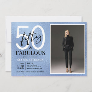 Fifty & Fabulous Dusty Blue Script Photo Birthday Invitation
