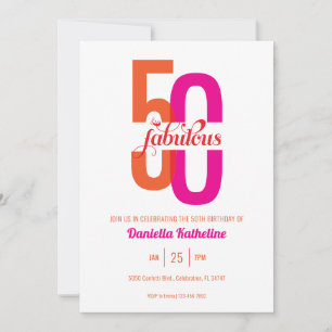 Fifty & Fabulous Elegant Pink Orange 50th Birthday Invitation