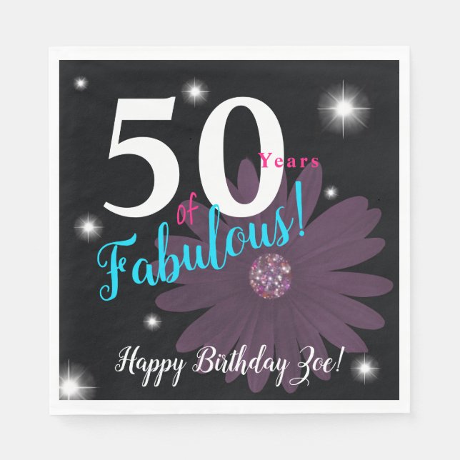 Fifty & Fabulous, Elegant purple daisy & stars Napkin (Front)