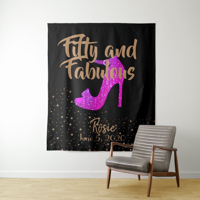 Fifty & Fabulous Girly Glitter Hot Pink Gold Text Tapestry (In Situ)