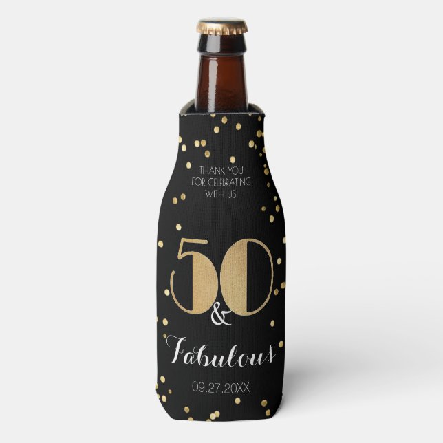 Fifty & Fabulous Gold 50th Birthday Party Bottle Cooler (Bottle Front)