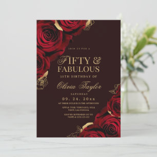 Fifty &Fabulous Gold Burgundy Rose 50th Birthday  Invitation