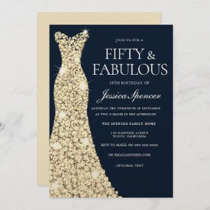 Fifty & Fabulous!! Gold Dress Gown 50th Birthday Invitation
