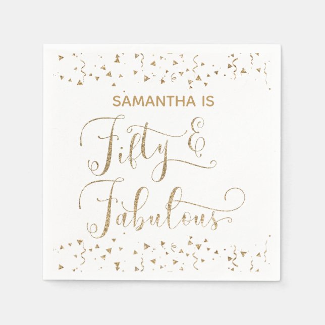 Fifty & Fabulous Gold Glitter & Confetti White Napkin (Front)