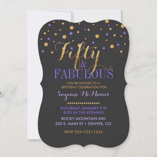 Fifty & Fabulous Gold & Purple Confetti Dots Invitation (Front)