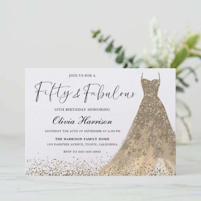 Fifty & Fabulous Gorgeous Gold Gown 50th Birthday Invitation (Standing Front)