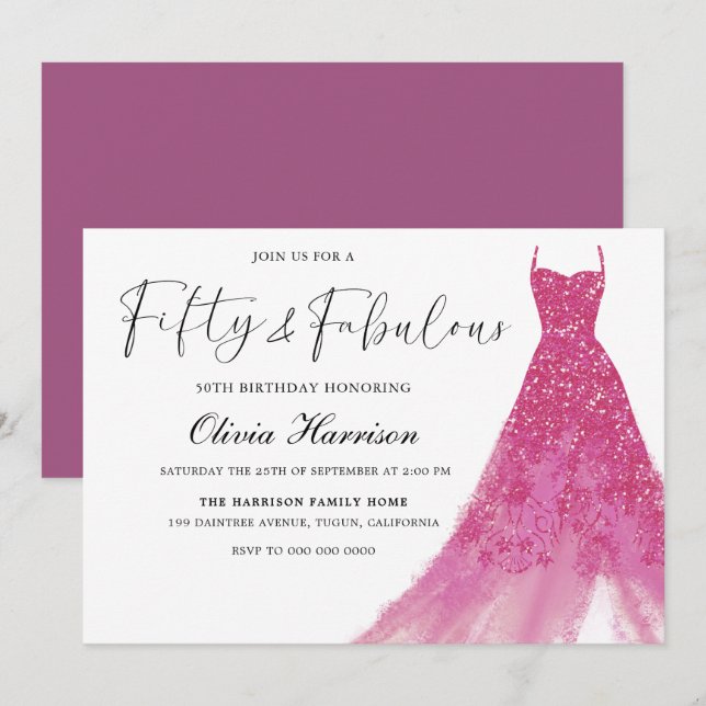 Fifty & Fabulous Gorgeous Pink Gown 50th Birthday Invitation (Front/Back)